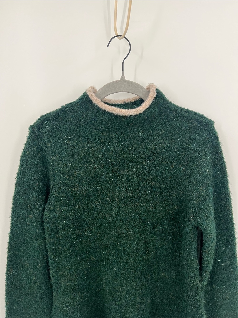 Pilcro Dark Green Mock Neck Peplum Sweater with Cream Contrast Trim - Picture 4 of 12